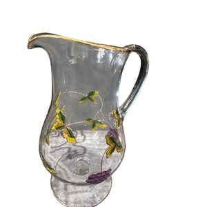 Hand Painted Grape Vine Glass Pitcher Gold Rim Footed Water Carafe 9.5 Inch